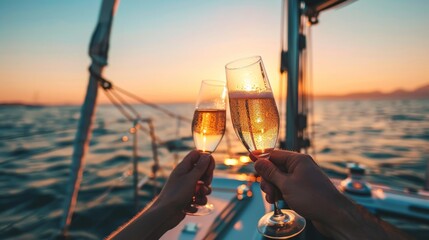 Friends enjoying champagne on catamaran at sunset   outdoor vacation lifestyle photo