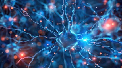 Abstract medical background. Neurons brain cells. Network of neurons in human brain. Microscope view of a cell. Generative AI