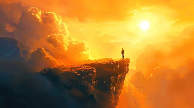 Person standing on a cliff edge, surrounded by dramatic clouds and a vibrant sunset sky, symbolizing adventure and freedom.