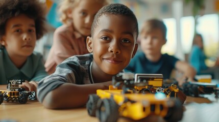 Diverse school children students group building robotic cars using computers. Happy multicultural kids learning programming robot vehicles sitting at table at STEM education coding engineering