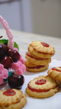 Cookies with cherry jam. Homemade freshly baked shortbread cookies