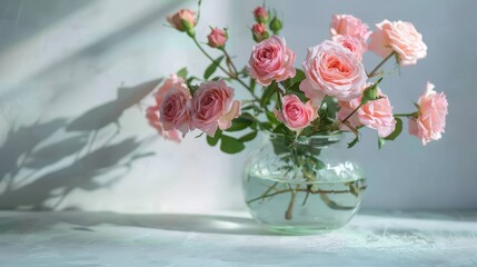Elegant pink roses elegantly arranged in a rounded glass vase sit beautifully, catching the light play and creating delicate, soothing shadows on the surrounding surface.