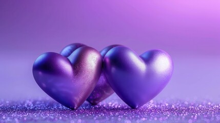 Fototapeta premium A mesmerizing image of purple hearts with a shiny surface placed on a sparkly purple background, perfectly illustrating the beauty and joy of love and celebration.