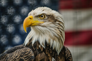 Naklejka premium Portrait of American bald eagle against the background of the flag of the United States of America. American presidential elections.