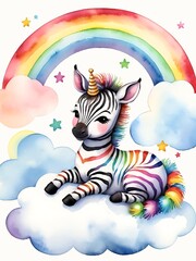Watercolor illustration of baby zebra sitting on cloud with vibrant rainbow background. Africa animal clip art for design, story book, nursery decor, wallpaper 