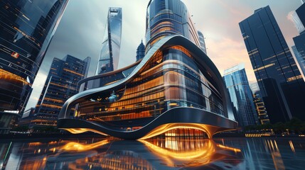 Futuristic city architecture  dynamic curves, unique facade, city lights reflections at dusk