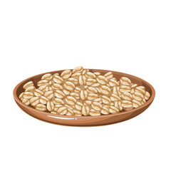 Barley grains on cartoon glass plate. Cereal food ingredient and crumbly morning porridge, breakfast mascot, cartoon brown round tray with raw or cooked steamed barley seeds vector illustration