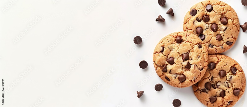 Poster cookie with chocolate chips on a white background with copy space image.