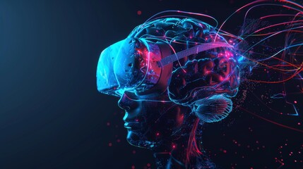 Futuristic neural connections in virtual reality with vr headset and digital graphics