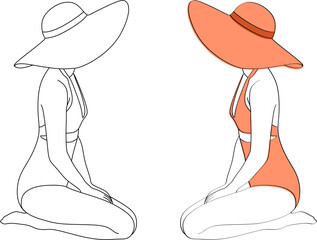 Linear drawing of a girl in a swimsuit. Fashion illustrations of minimal line model characters, female figure in lingerie. 