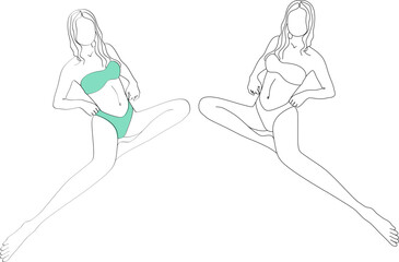 Linear drawing of a girl in a swimsuit. Fashion illustrations of minimal line model characters, female figure in lingerie. 