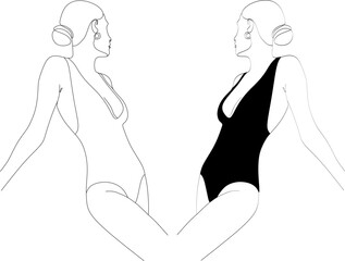 Linear drawing of a girl in a swimsuit. Fashion illustrations of minimal line model characters, female figure in lingerie. 