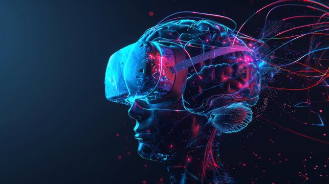 Futuristic neural connections in virtual reality with vr headset and digital graphics