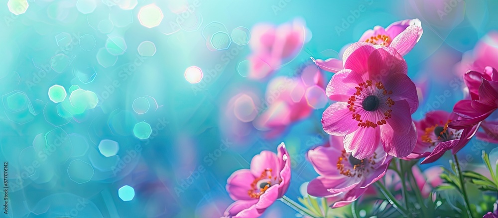 Poster an isolated banner featuring vibrant anemone flowers against a blue bokeh background with copy space