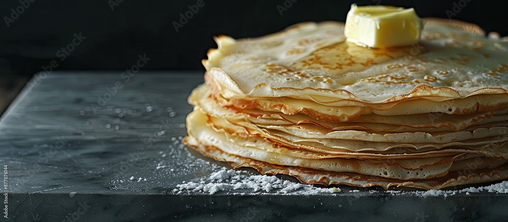 Poster top view of a stack of crepes with butter on a marble board against a black background, featuring co