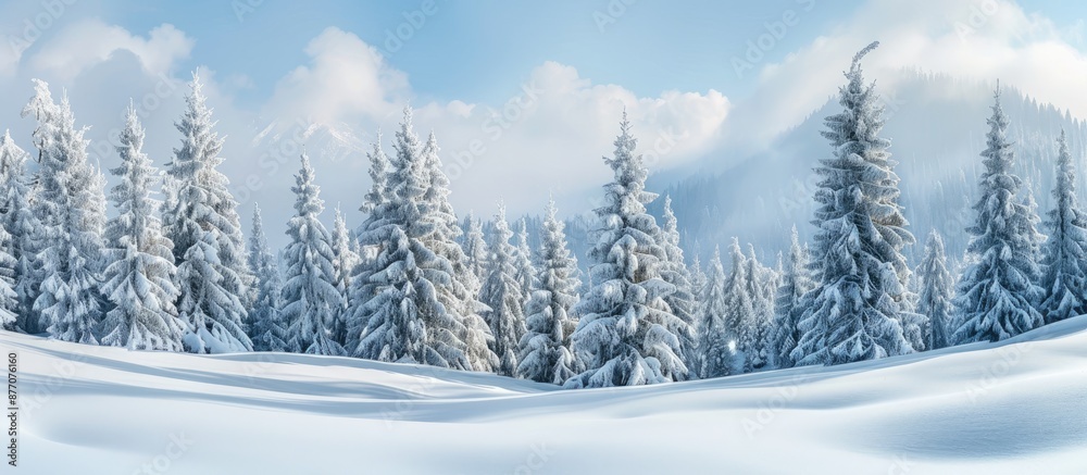 Aufkleber Winter forest scene with snow-covered fir trees creating a picturesque copy space image.