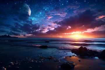 a very beautiful view of the sunset on the beach with generative ai