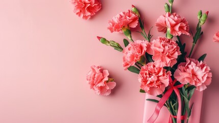 Fototapeta premium Mother s day gift with carnation bouquet on pink table top view