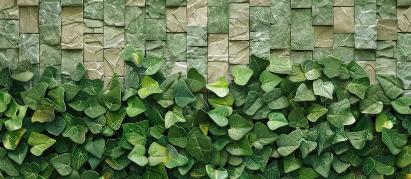 Ideal for floors and walls, this mosaic wall tile features green bushes and a decorative beige rough texture, perfect for enhancing any space with a natural touch and including a copy space image.