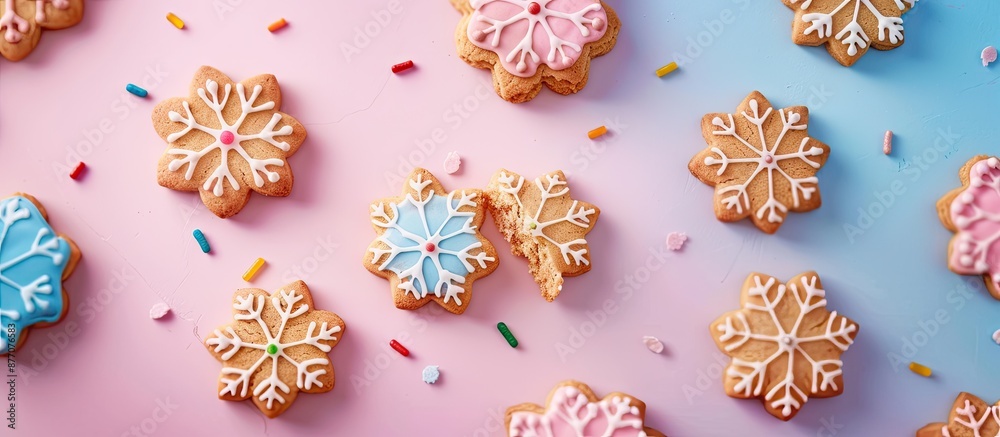 Poster a top view of christmas cookies with one freshly baked cookie emerging from the oven, set against a 