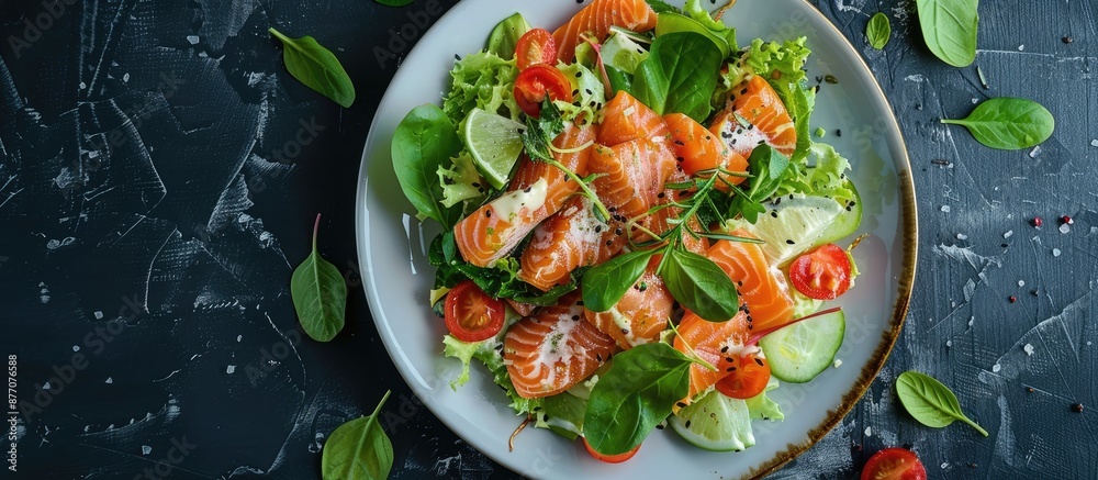 Poster Overhead view of a Caesar Salad topped with salmon on a fish-themed menu, emphasizing seafood, particularly salmon, with ample copy space in the image.