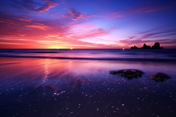 a very beautiful view of the sunset on the beach with generative ai