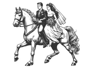 Fototapeta premium bride and groom in traditional wedding attire riding a horse romantic moment sketch engraving generative ai fictional character raster illustration. Scratch board imitation. Black and white image.