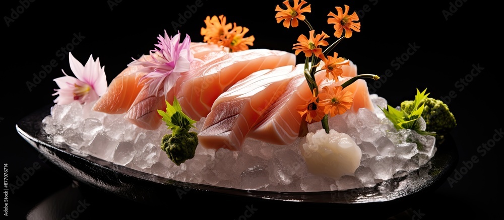 Poster japanese-style presentation of salmon sashimi on a flower-shaped ice bowl boat, isolated against a b