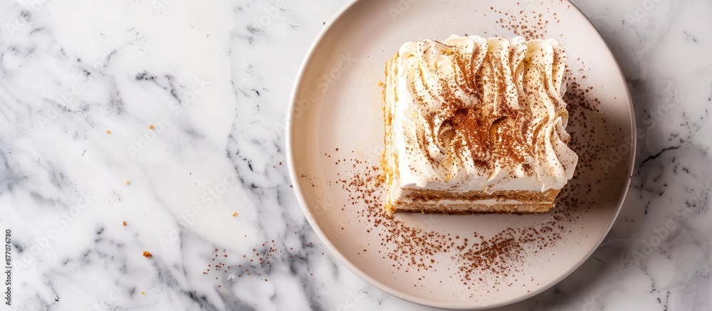 Poster homemade tiramisu cake dessert displayed on a white marble background with ample copy space image.
