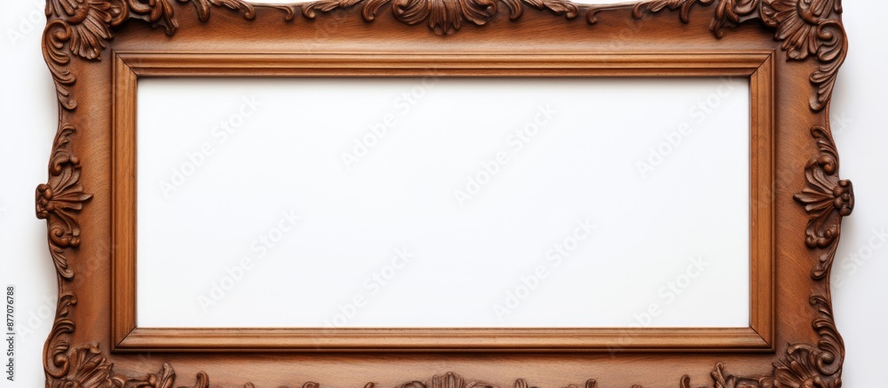 Poster classic vintage brown wooden frame with cut-out canvas against a white backdrop with ample copy spac