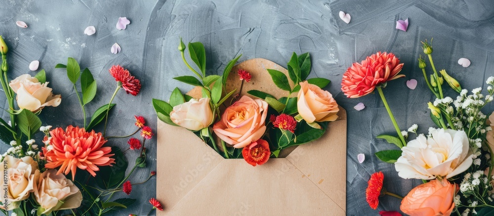 Poster top view of an envelope adorned with flowers, ideal for writing a heartfelt message on international