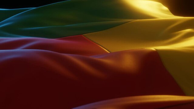 Benin Flag, Close up, Low Side Angle with Warm Atmospheric Lighting, 3d render	
