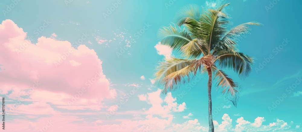 Aufkleber copy space image of a beach in summer with a palm tree against a blue sky dotted with clouds, featur