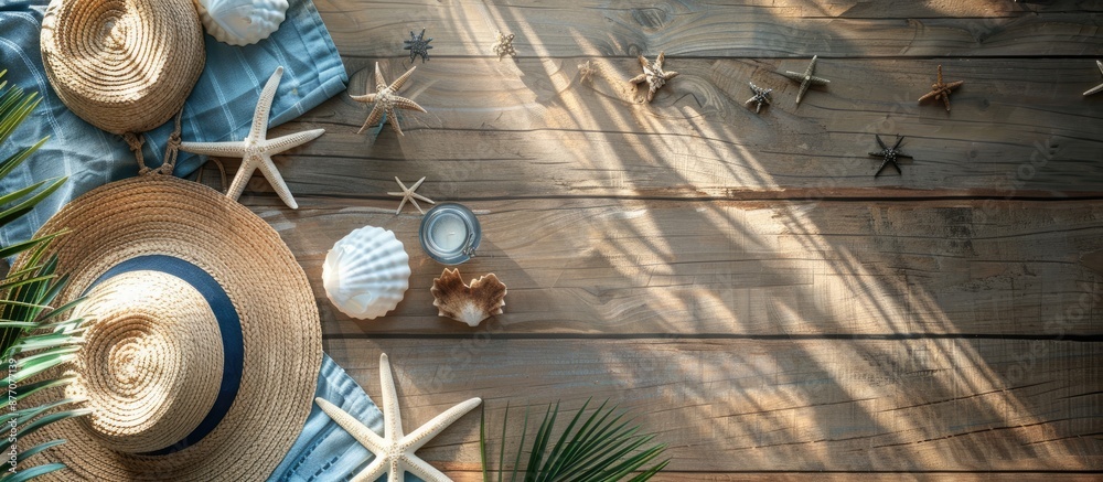 Poster Items for a beach holiday arranged on a wooden table with a view from above, showcasing a serene and inviting atmosphere with copy space image.