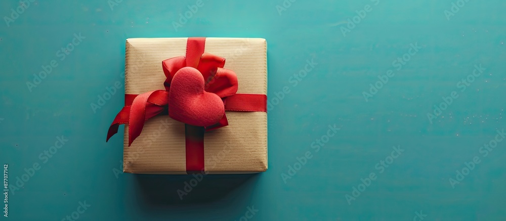 Poster A gift box with a red bow and heart on a colored background, shown in a perspective view for a flat lay presentation with copy space image.