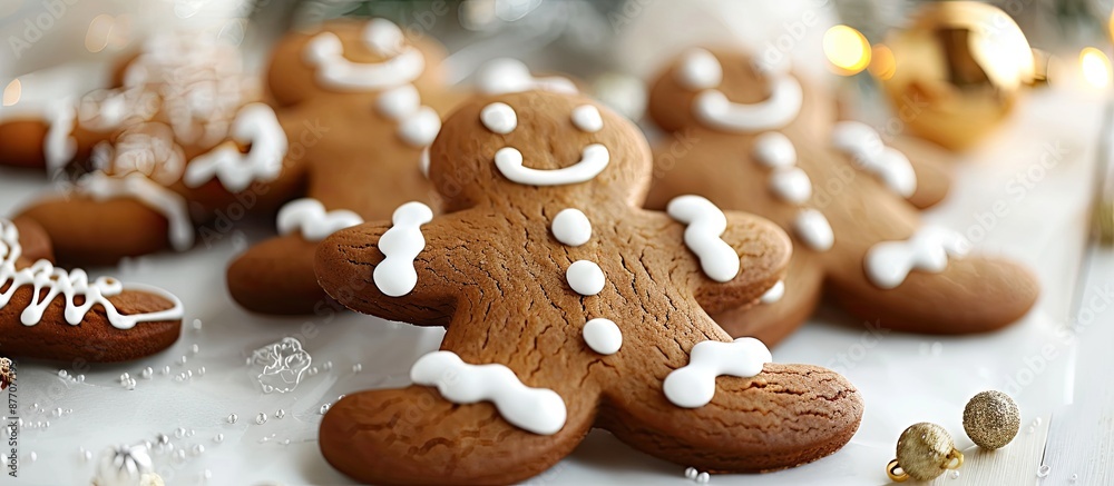 Aufkleber classic christmas gingerbread men cookies are arranged on a stylish setup with trendy lighting and a