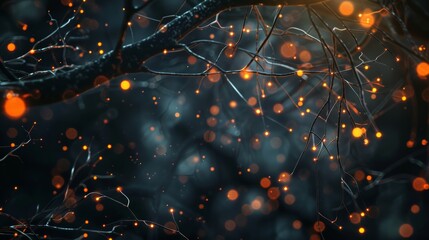 Fototapeta premium Neural connections in darkness illuminated orange lights on tree branches, hyper realistic scene