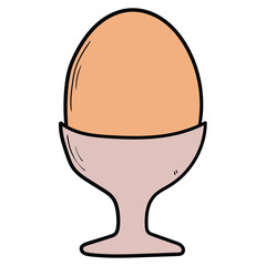 Hand drawn cartoon boiled egg in egg holder on white background.
