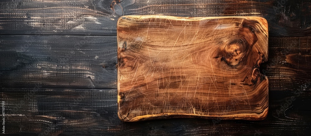 Poster a wooden cutting board is seen from above on a rustic dark wood countertop, providing a rustic backd