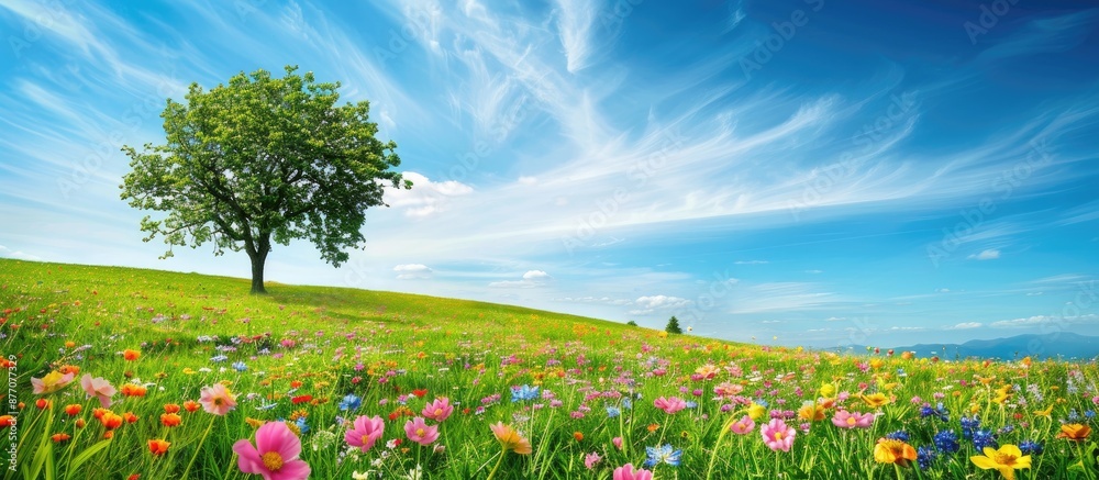 Poster a scenic green meadow with colorful flowers and a tree, perfect as a copy space image.