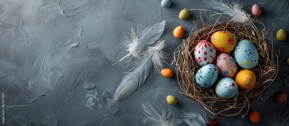 Poster close-up of a decorative nest featuring painted easter eggs on a gray backdrop with feathers, perfec
