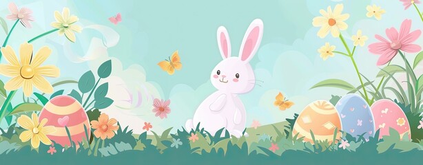 a cheerful background for Easter, with eggs, bunnies, and pastel colors