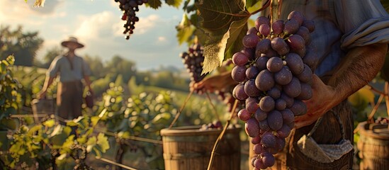 Gathering cropped grapes manually from short vines carrying buckets, with space for inserting images.