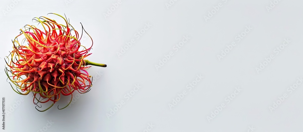 Poster a ripe rambutan fruit showcased on a pristine white backdrop with copy space for image exposure.