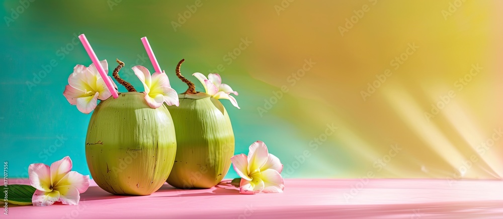 Poster fresh green coconut with straws and flower on a colorful background with copy space image.