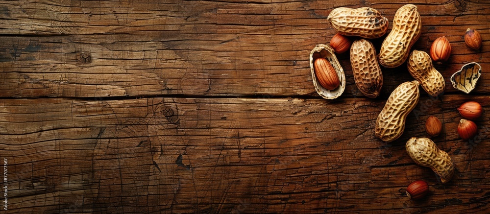 Fototapete peanut in the shell on a wooden backdrop with copy space image available.