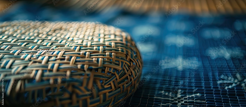Fototapete Geometric pattern on blue fabric with copy space image on wicker background, creating a soft focus effect.