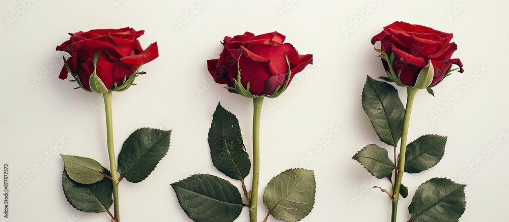 Poster Three vibrant red roses arranged in a line with ample space for text or graphics in the picture.
