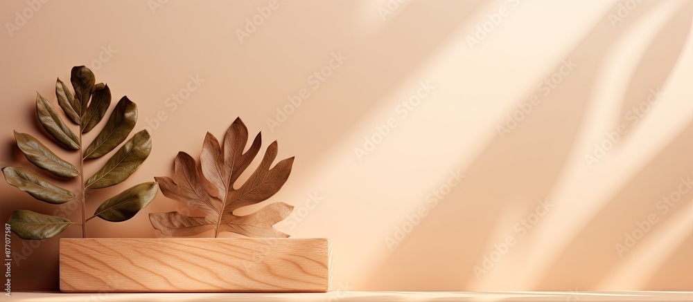 Poster top-down view of a wooden podium with leaf shadows on a beige backdrop, ideal for product showcasing