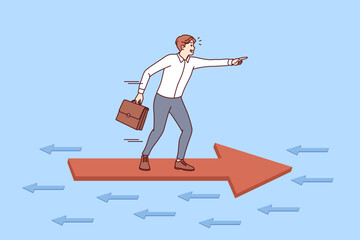 Oppositional actions of investor acting differently from competitors, standing on arrow flying in opposite direction. Tactics of oppositional business man who is not afraid of difficulties